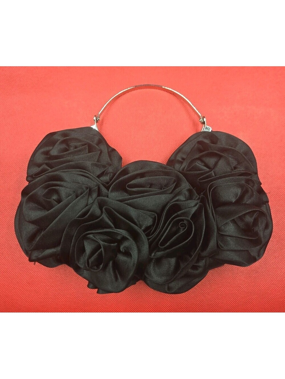 Black Rose Scarleton Ruffle Clutch Purse w/ Silver Handle Formal Accessory +
